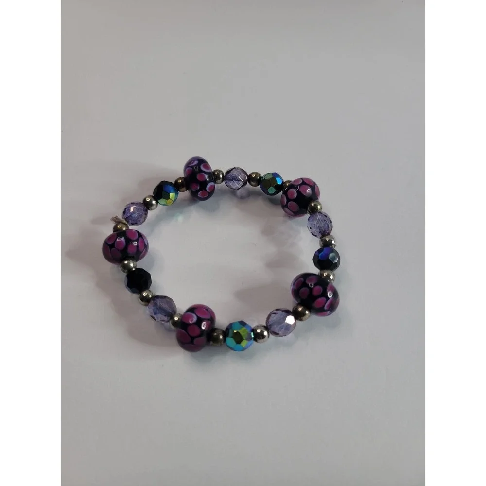 Pink Black Purple Beaded Stretch Bracelet with floral Dot Pattern